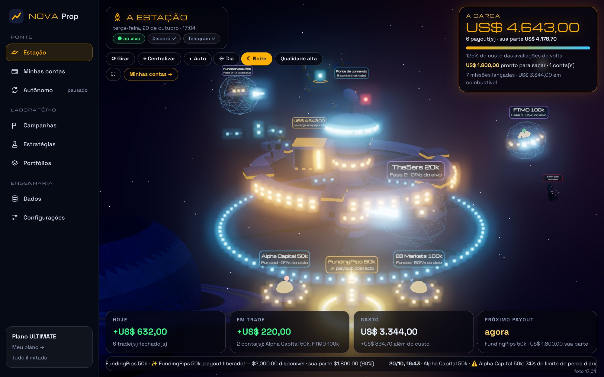Tema Espacial: estação orbital com naves e anéis de luz